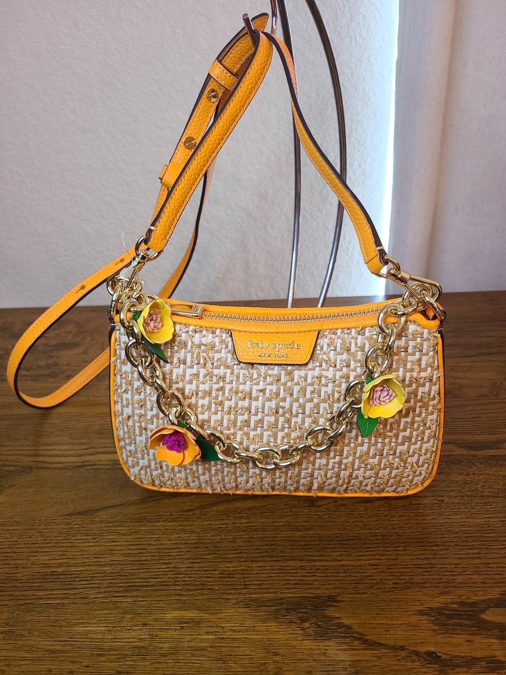 kate spade Orange and Natural Woven Crossbody with Gold Chain and Flower Charms